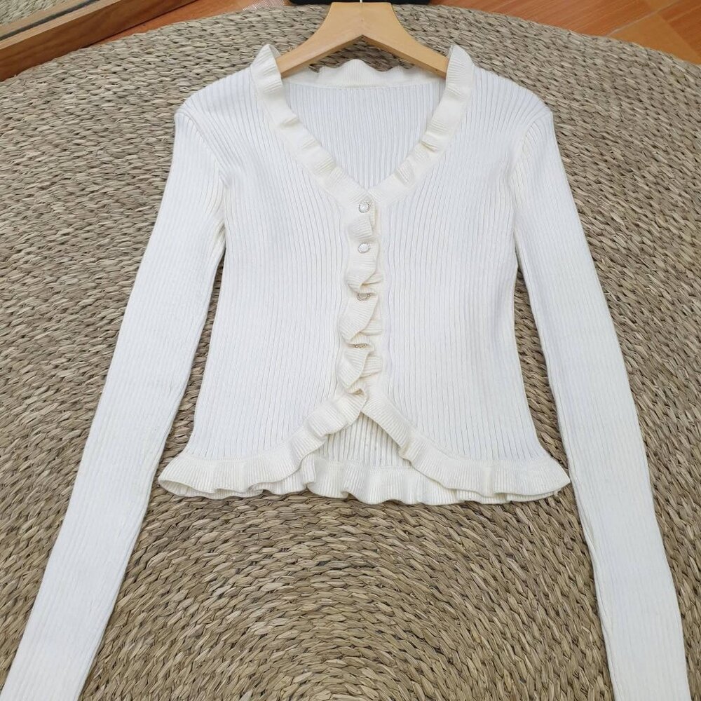 White Ruffle Trim Ribbed Knit Cardigan Crystal Button